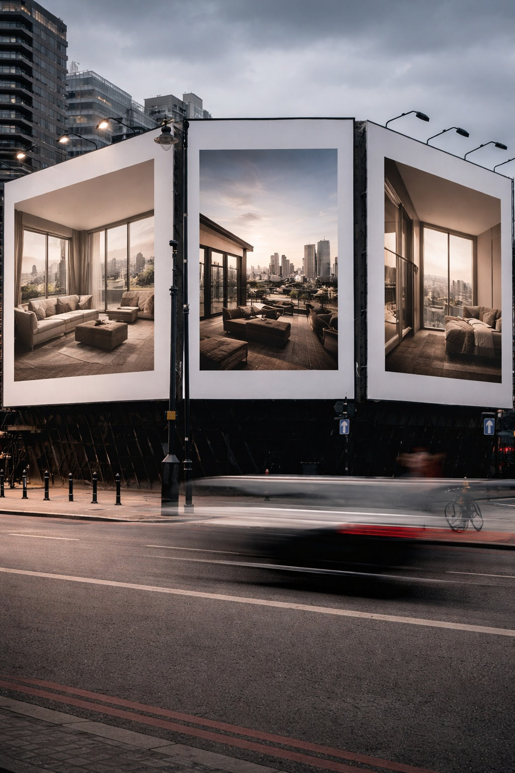 Large-format outdoor billboard mockup on a city corner building, featuring three property lifestyle images (living space, terrace skyline view, bedroom) with motion-blur traffic in the foreground.