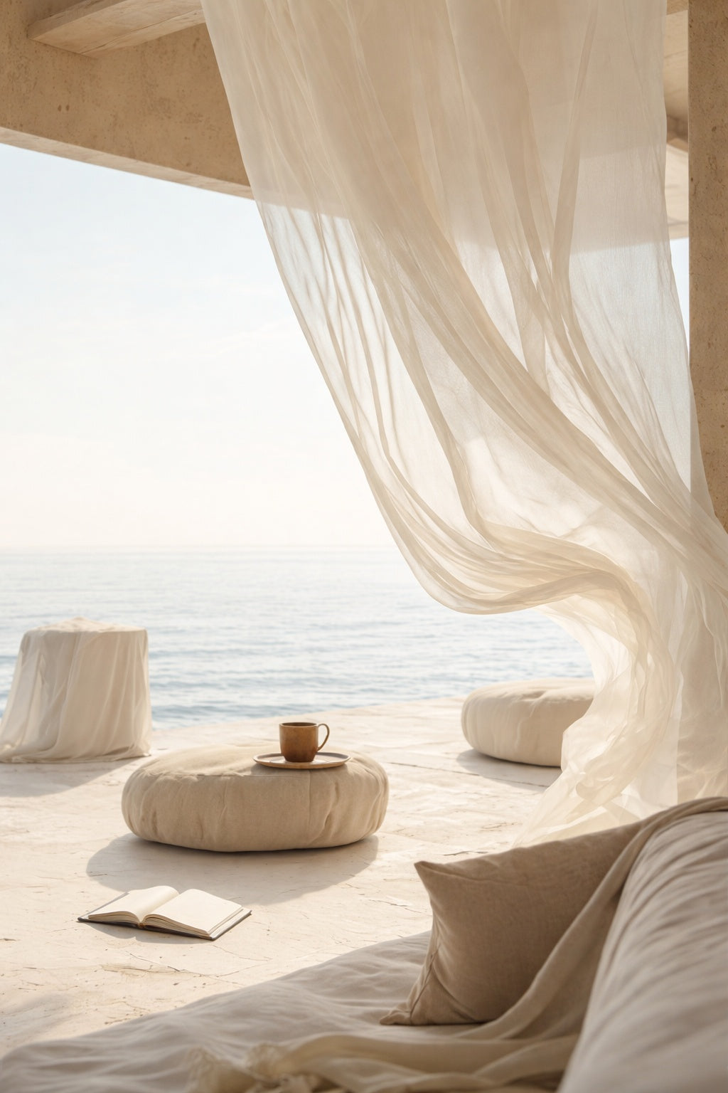 Sunlit seaside wellness lounge with sheer curtains, neutral cushions, low ottomans and a coffee cup overlooking the ocean.